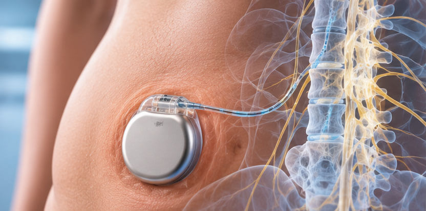t: Illustration of implanted pain pump and catheter for pain and baclofen pump therapy