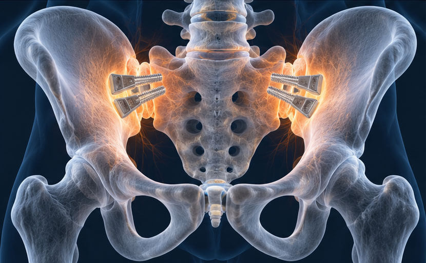 Medical illustration of minimally invasive sacroiliac joint fusion